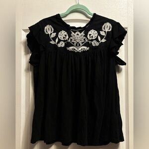 Embroidered Ruffle Sleeve Women's Top - Black with White Floral Detail